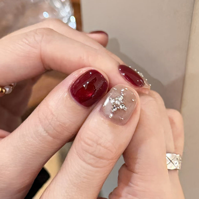 Elegant Winter Charm Glossy Short Square Burgundy and Clear with Sparkling Accent Nail Set