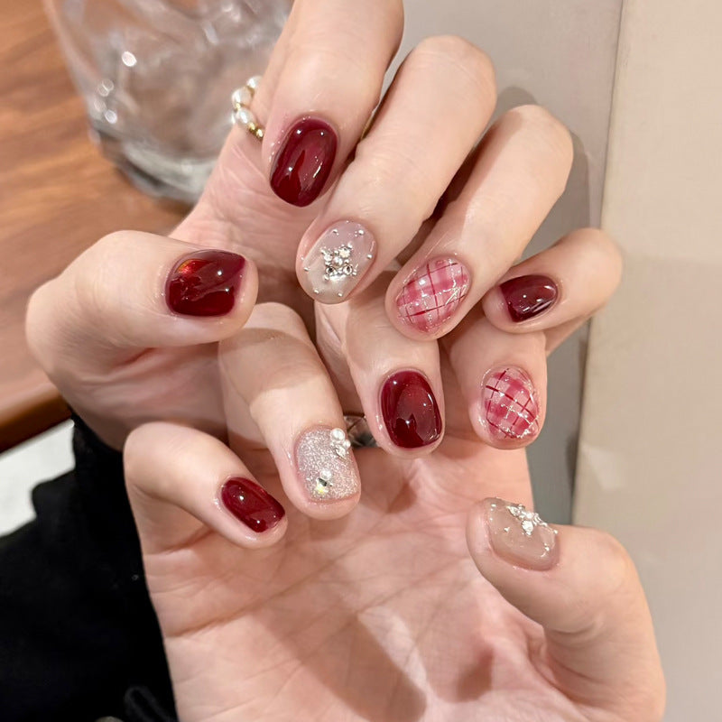 Glamorous Evening Elegance Short Squoval Deep Red and Soft Pink with Sparkling Embellishments and Trendy Plaid Design Press On Nail Set
