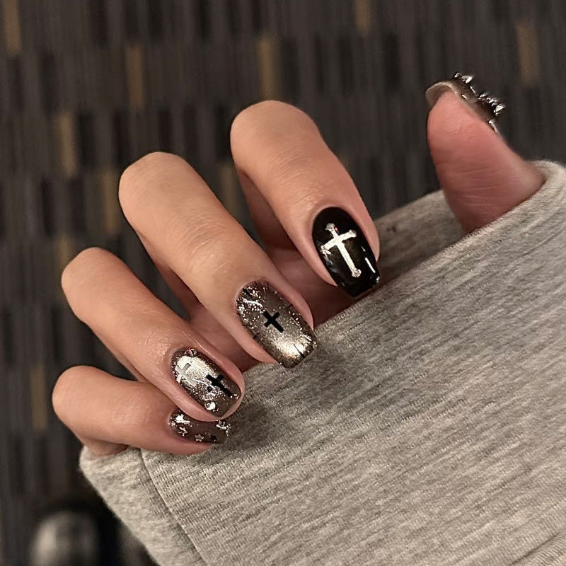 Gothic Glam Short Square Black and Silver Cross Press On Nail Set