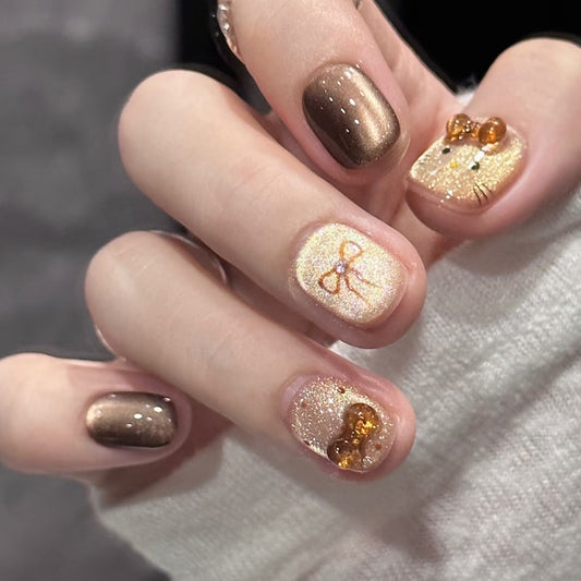 Whimsical Glamour Chic Short Square Brown and Gold Glitter Press-On Nail Set with Cute Bow Accents