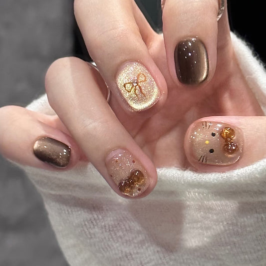 Whimsical Elegance Short Square Brown and Gold Glitter with Cute Cat Design Press On Nail Set