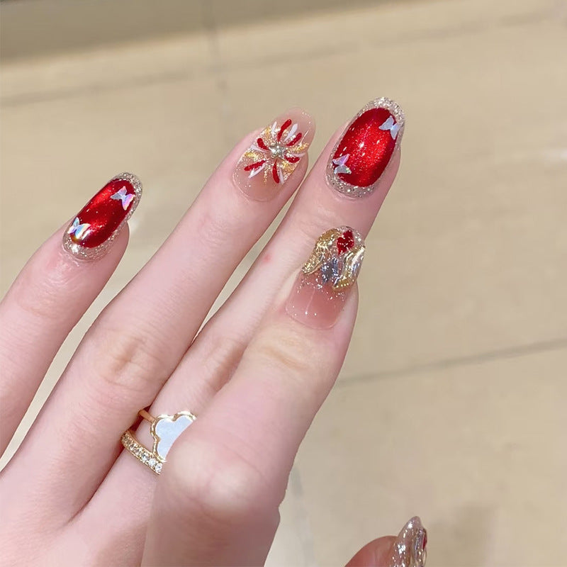 Holiday Glam Short Square Red with Sparkling Accents Press On Nail Set