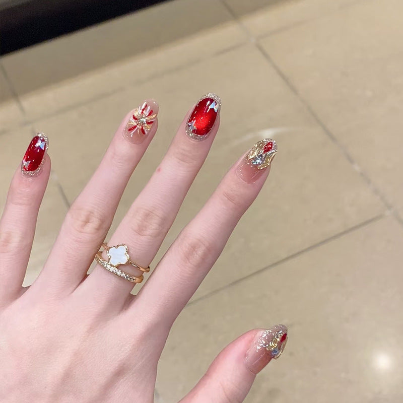 Festive Glamour Short Oval Red Sparkle Press On Nail Set