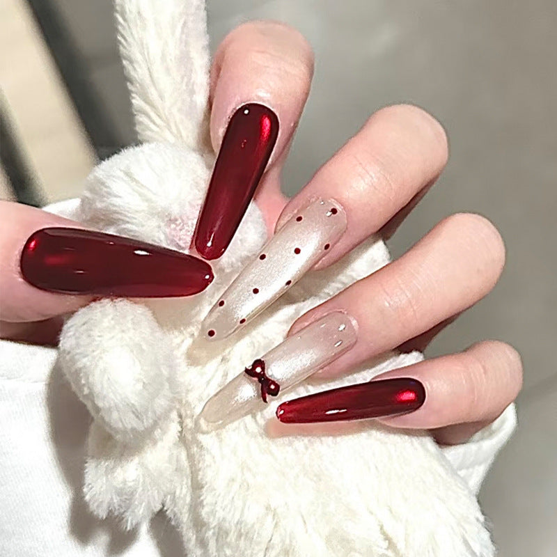 Charming Enchantment Long Stiletto Burgundy and Clear with Dainty Bow Accent Press On Nail Set