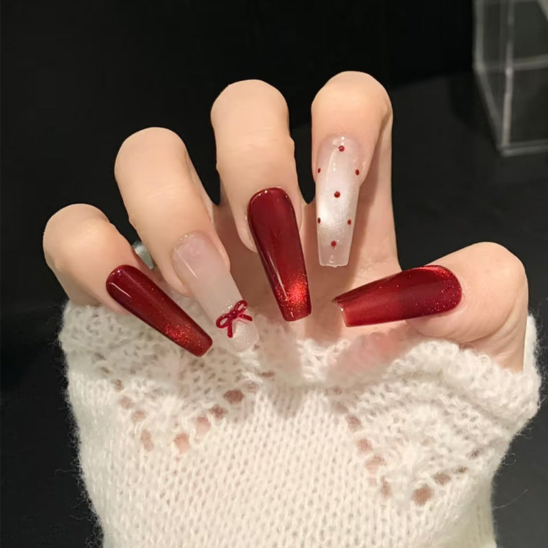 Charming Holiday Glamour Long Coffin Red with Glitter and Festive Bow Press On Nail Set