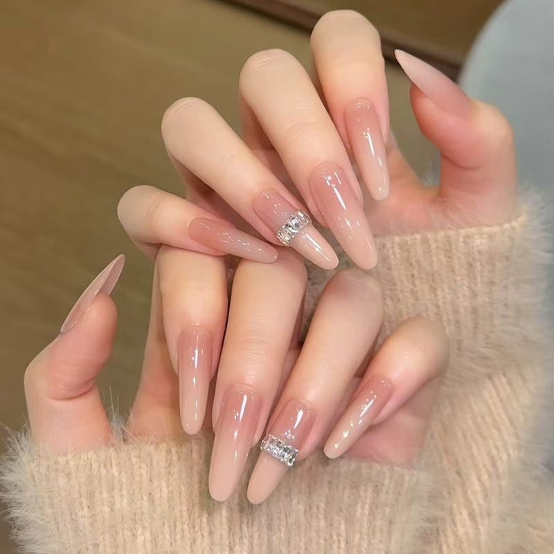 Glamorous Elegance Long Stiletto Gradient Beige Press On Nails with Sparkling Accent
