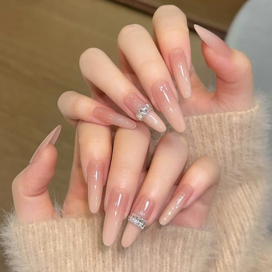 Glamorous Elegance Long Stiletto Gradient Beige Press On Nails with Sparkling Accent