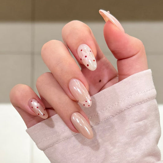Chic Elegance Glossy Long Almond Beige with Artistic Red Dots Press On Nail Set