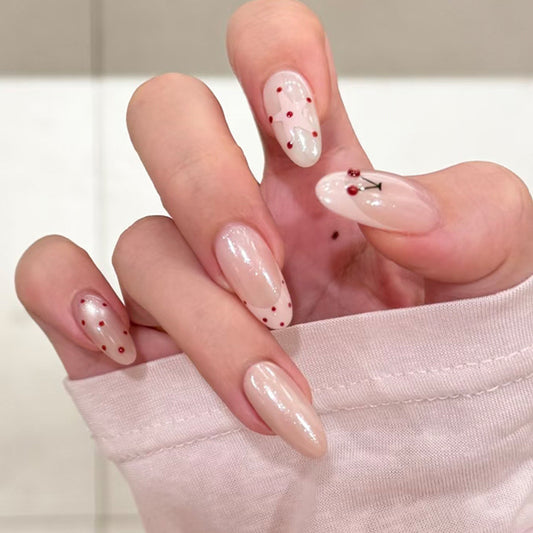 Cherry Blossom Dream Long Almond Pink Nails with Delicate Cherry Accents