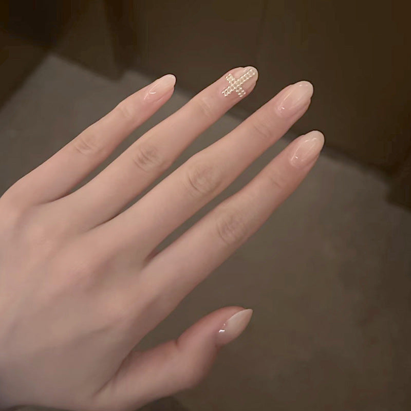 Enchanted Elegance Medium Almond Beige Press-On Nail Set with Dazzling Rhinestone Accent