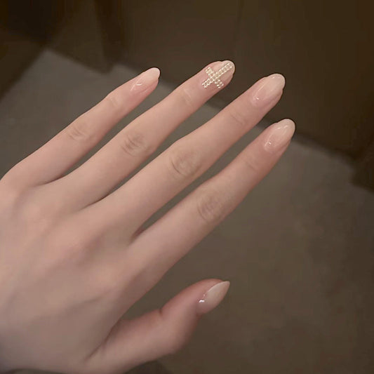 Enchanted Elegance Medium Almond Beige Press-On Nail Set with Dazzling Rhinestone Accent
