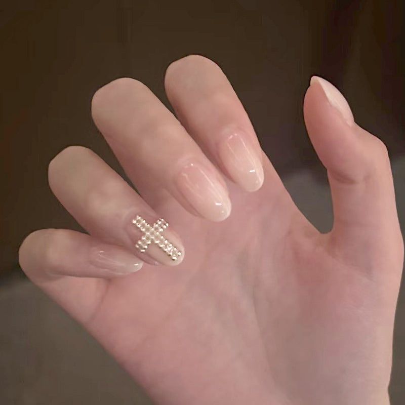 Divine Elegance Medium Almond Beige Press-On Nail Set with Pearl Cross Accent