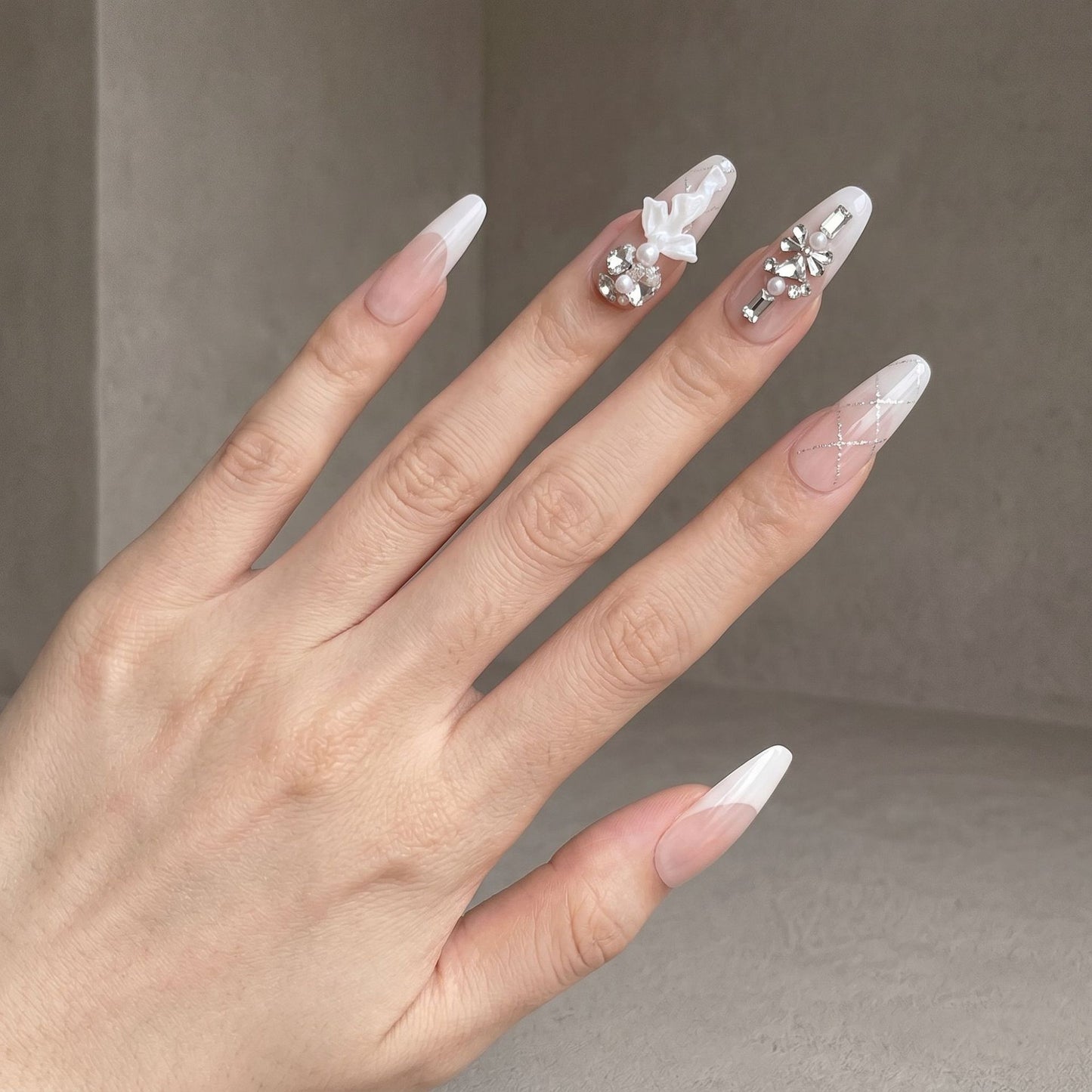 Glamorous Fairy Tale Long Almond White Press On Nails with Elegant Embellishments