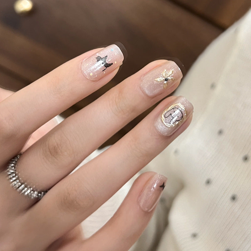 Whimsical Elegance Transparent Medium Square Press On Nail Set with Glitter and Unique Charms