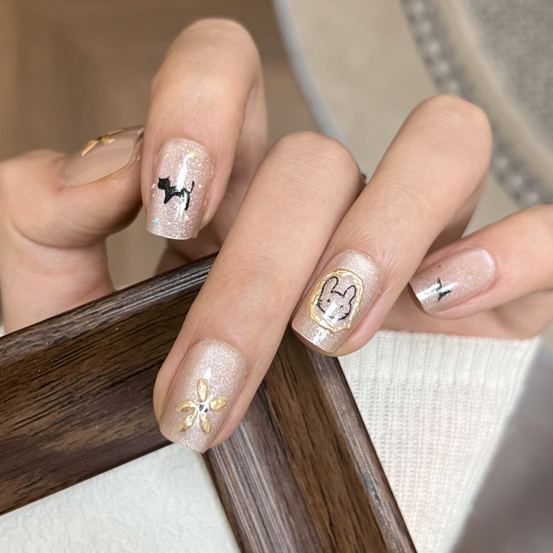 Whimsical Pet Universe Medium Square Glittery Beige Press On Nail Set Featuring Adorable Animal Designs