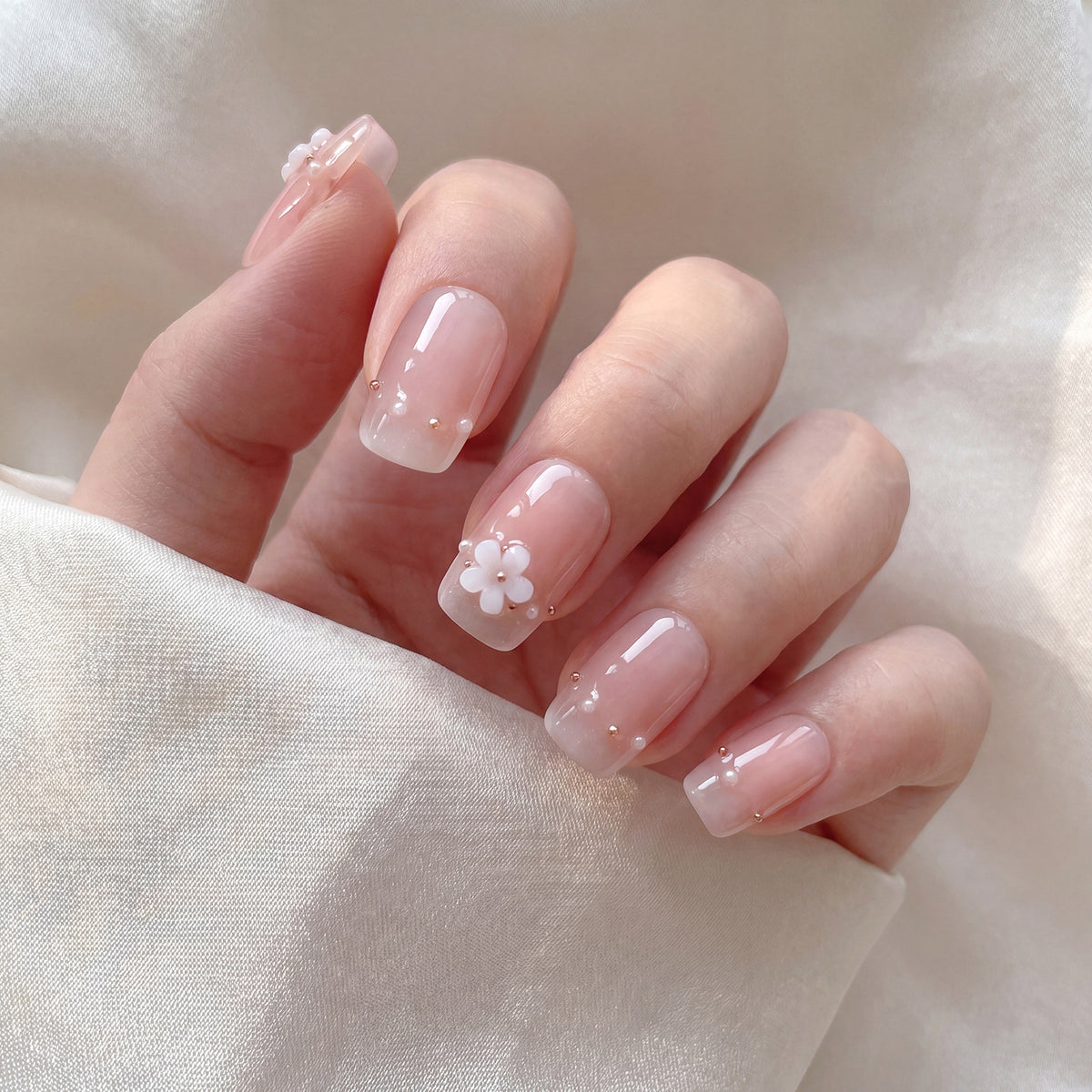Blossom Boutique Short Square Pink Gradient with Floral Embellishments Press on Nail Set