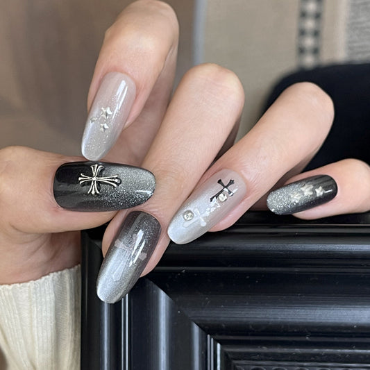 Gothic Elegance Long Squoval Gray and Black Gradient Press-On Nail Set with Decorative Charms