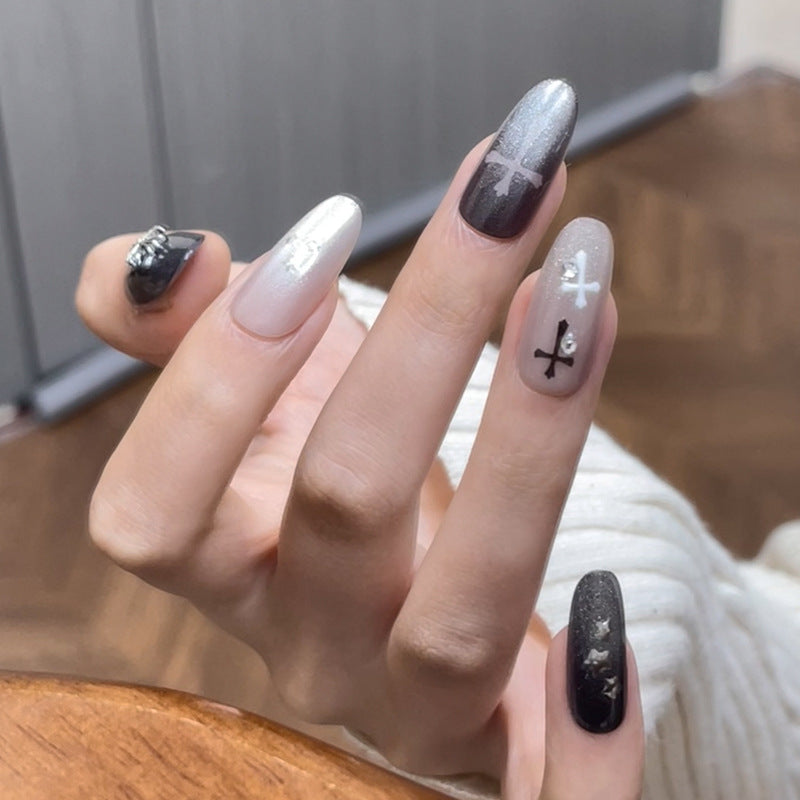 Mystical Elegance Long Almond Shaped Black and Silver Gradient Press on Nail Set with Glimmering Cross Accents