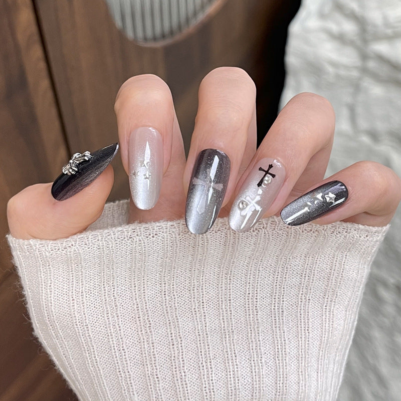 Mystical Elegance Long Almond Black and Silver Gradient with Eye-Catching Metallic Accents Press On Nail Set