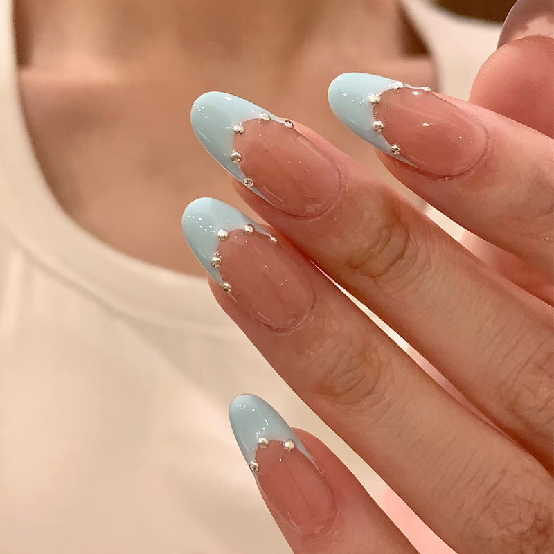 Charming Coastal Medium Oval Baby Blue Press on Nail Set with Glittering Accent Pearls