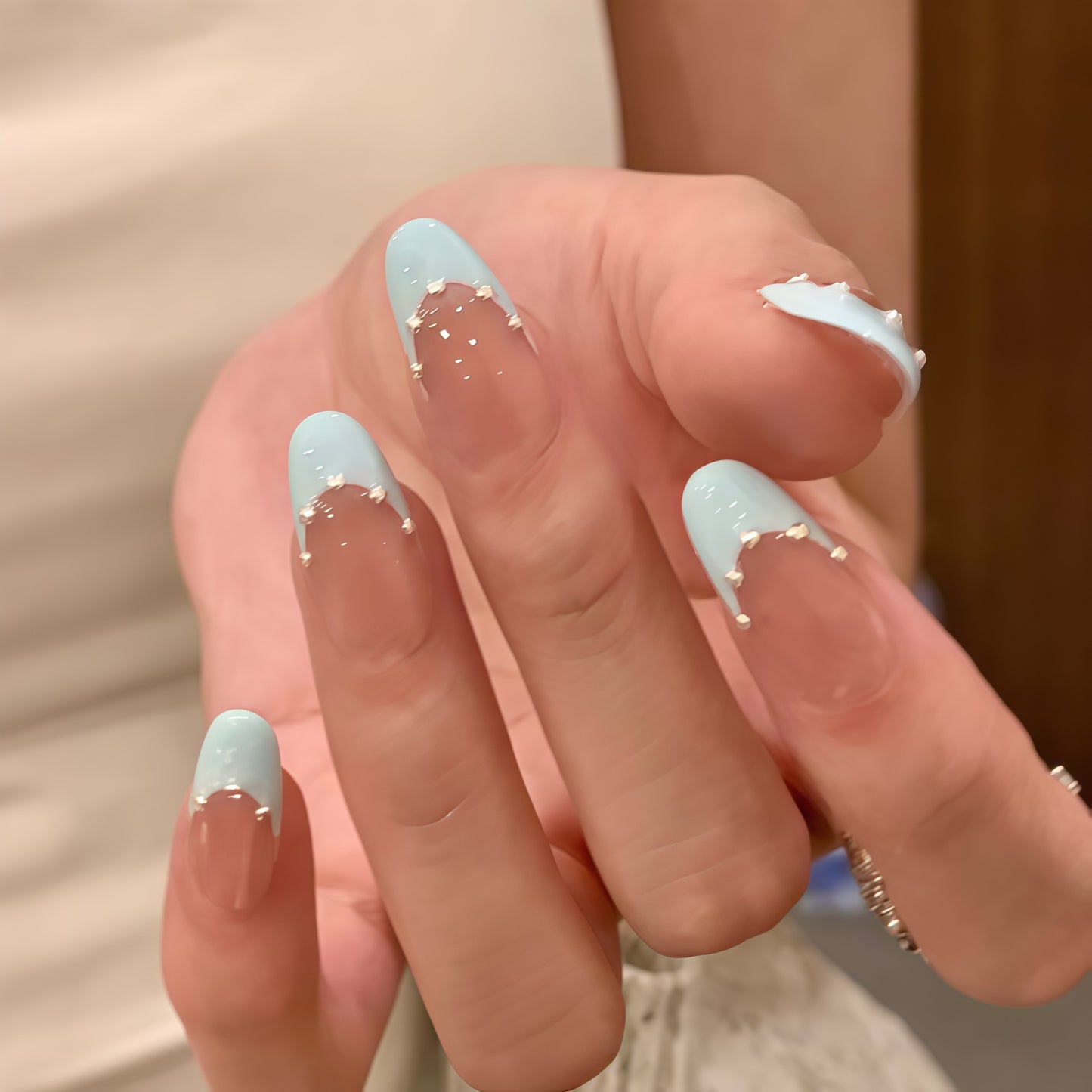 Ocean Breeze Medium Almond Blue Ombre Press On Nail Set with Shimmering Tip Detail