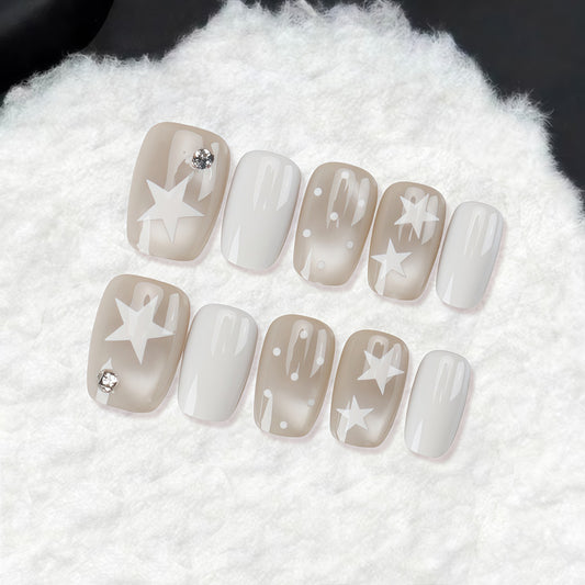 Celestial Dreams Press On Nail Set Short Square Shape Neutral Color Starry Feature