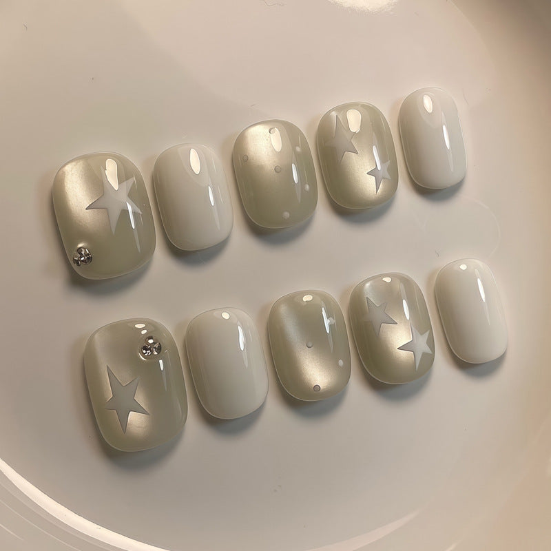 Celestial Elegance Chic Short Squoval White and Sage Green Press-On Nail Set with Star Accent