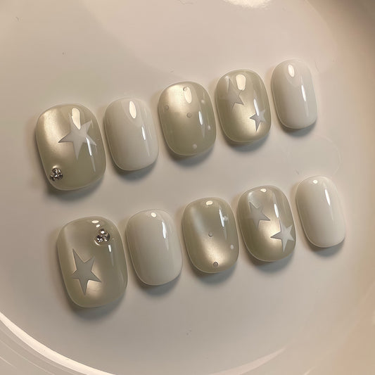 Celestial Elegance Chic Short Squoval White and Sage Green Press-On Nail Set with Star Accent