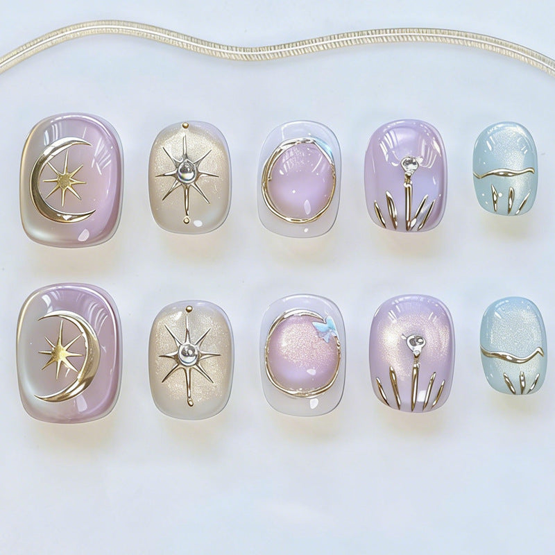 Celestial Dreams Short Squoval Purple and Gold Nail Set with Star and Moon Accents