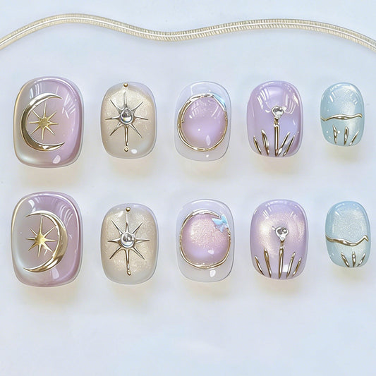 Celestial Dreams Short Squoval Purple and Gold Nail Set with Star and Moon Accents