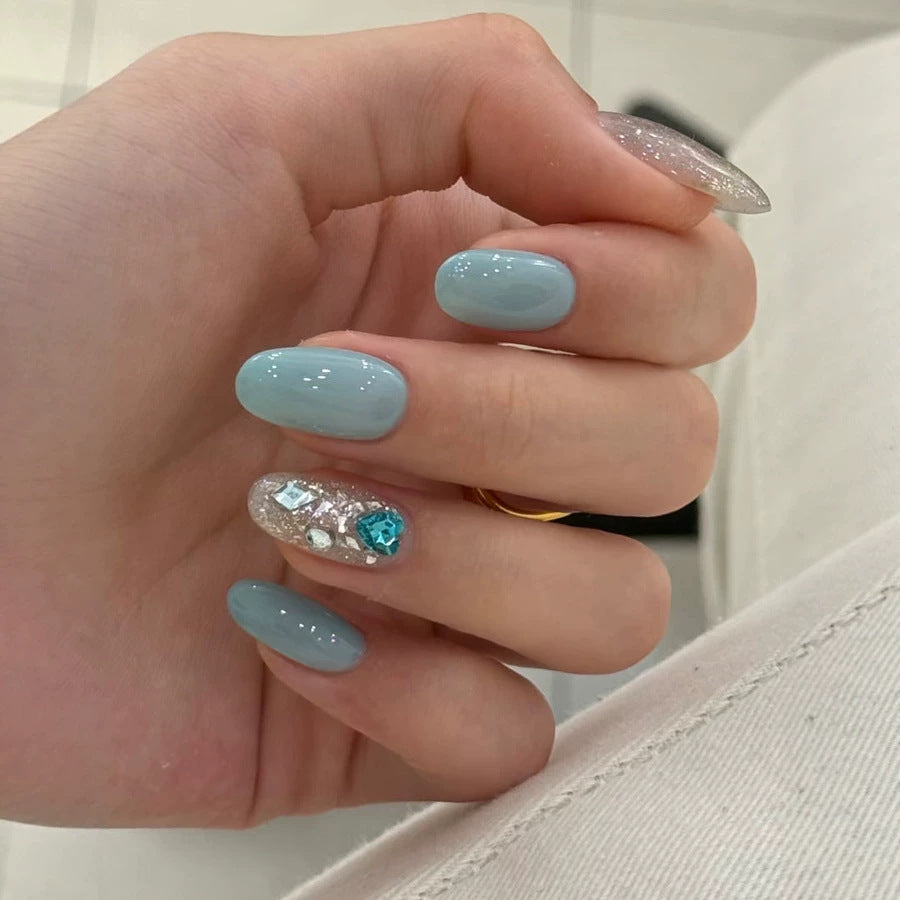 Dreamy Ocean Vibes Medium Oval Sky Blue Nails with Sparkling Gem Accent