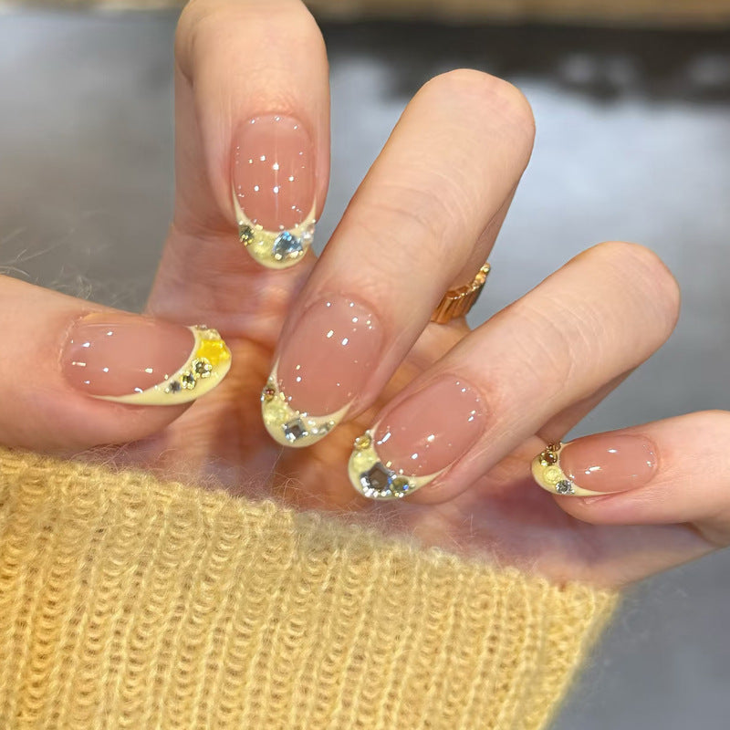 Sunny Delight Medium Round Yellow with Sparkling Gems Press-On Nail Set