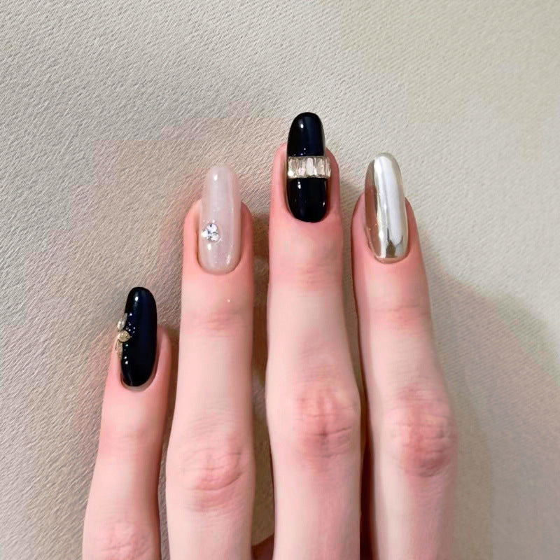 Glamorous Night Medium Oval Deep Blue with Shimmering Accents Press On Nail Set