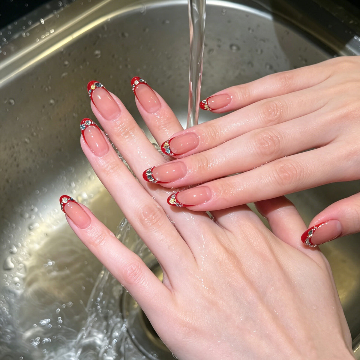 Glamorous Celebration Medium Oval Red with Sparkling Accents Press On Nail Set