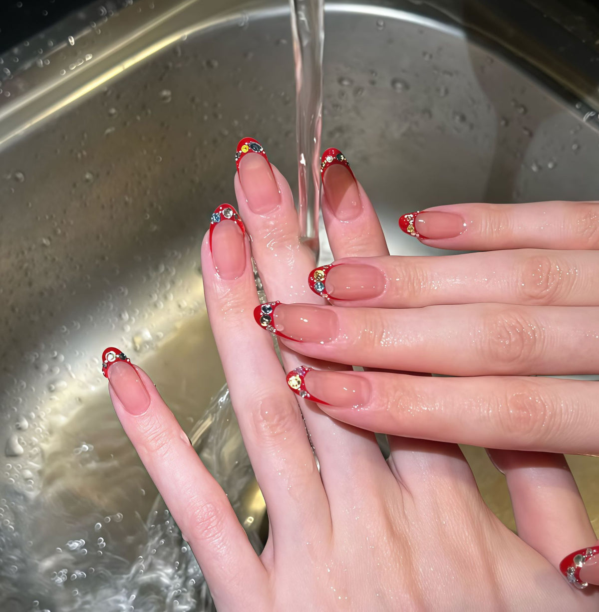 Chic Elegance Medium Oval Red with Gem Accents Press On Nail Set