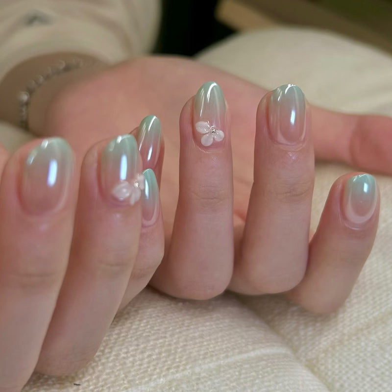 Charming Floral Elegant Medium Oval Mint Green Press on Nail Set with Delicate Blossom Accent