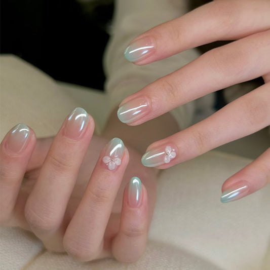 Whimsical Floral Medium Square Light Green with Flower Accents Press-On Nail Set