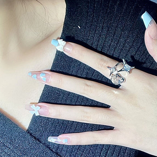 Marine Dream Long Coffin Sky Blue with Floral Accent Press-On Nail Set