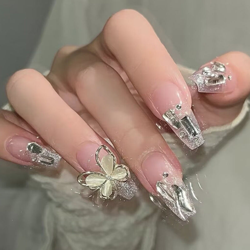 Glamorous Butterfly Dream Long Coffin Silver Glimmering Crystal Nail Set