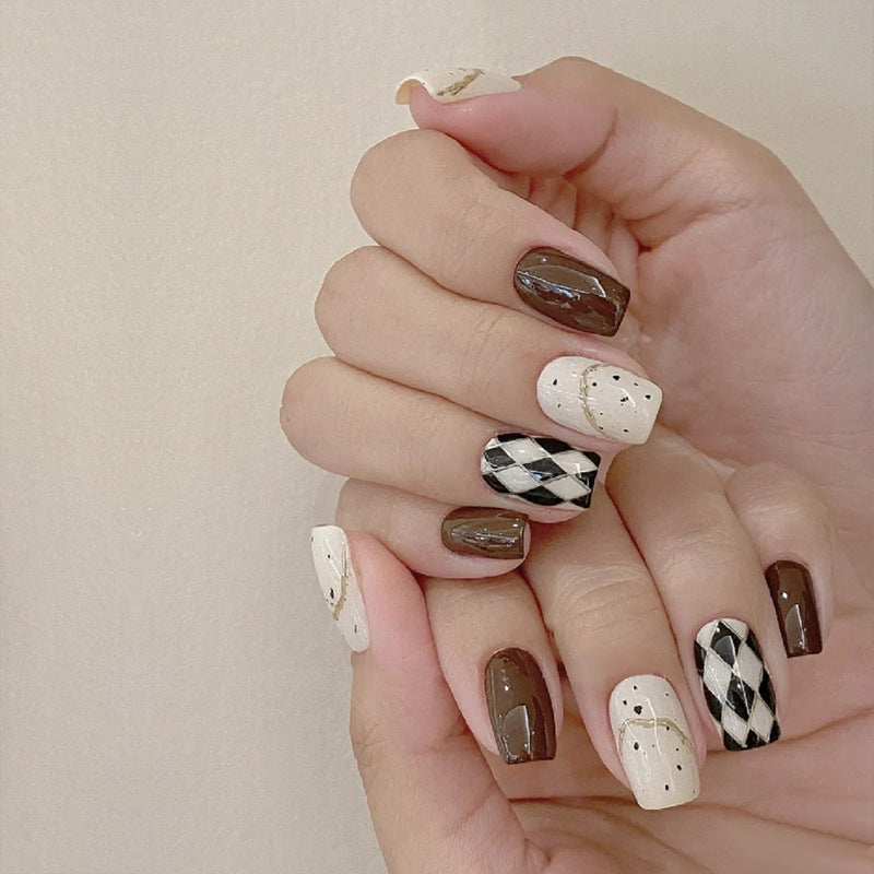 Chic Elegance Medium Square Brown and Cream Press on Nail Set with Intricate Geometric Designs