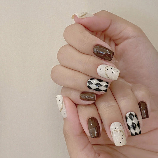 Chic Elegance Medium Square Brown and Cream Press on Nail Set with Intricate Geometric Designs
