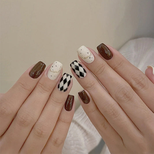 Chic Autumn Vibes Medium Square Brown and Cream Press on Nail Set with Stylish Harlequin Accent
