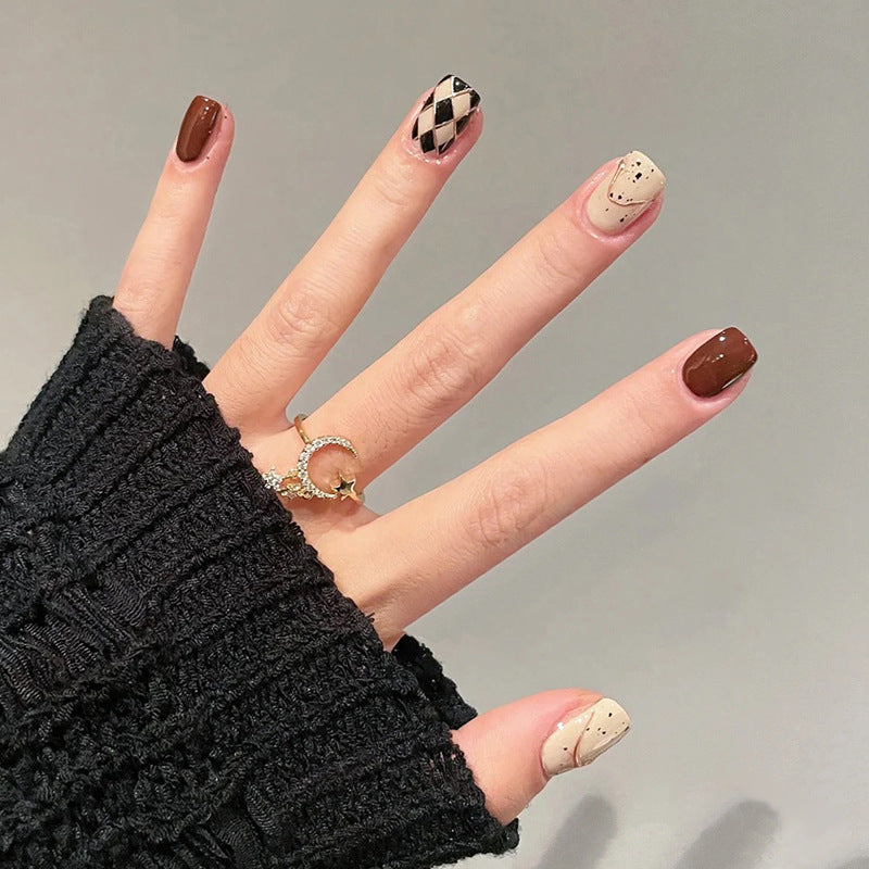 Chic Autumn Elegance Short Square Espresso Brown with Artistic Harlequin Design Press on Nail Set