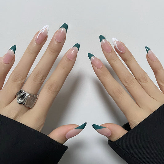 Elegant Forest Dreams Medium Coffin Press-On Nail Set in Green and White with Unique Artistic Design