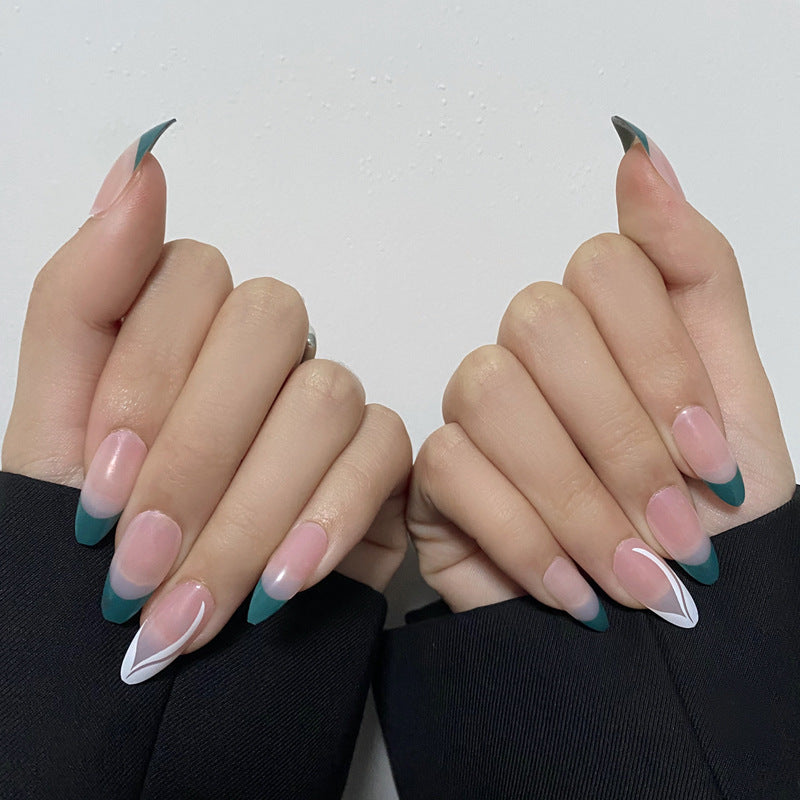 Chic Elegance Medium Coffin Ombre Green and Beige Stiletto Press On Nail Set with Unique Geometric Design