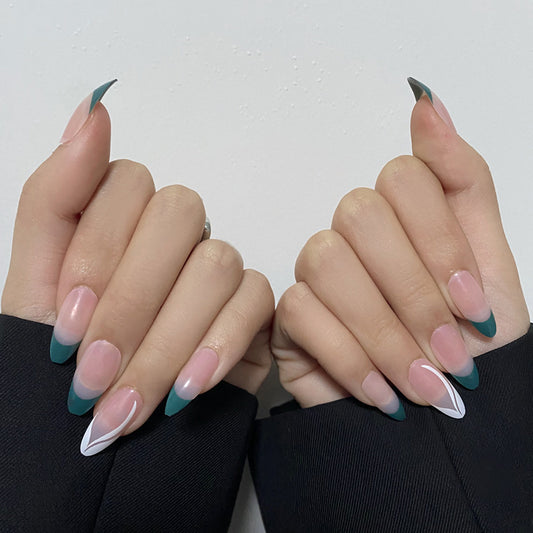 Chic Elegance Medium Coffin Ombre Green and Beige Stiletto Press On Nail Set with Unique Geometric Design