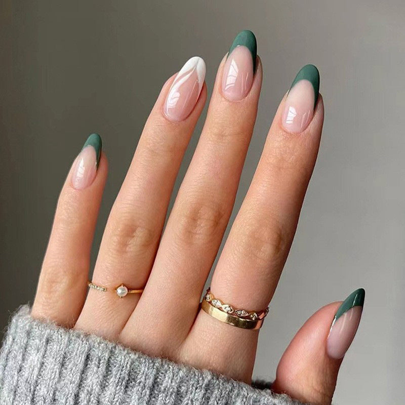 Elegant Forest Vibes Medium Almond Green and Beige Press on Nail Set with Artistic White Tip Design