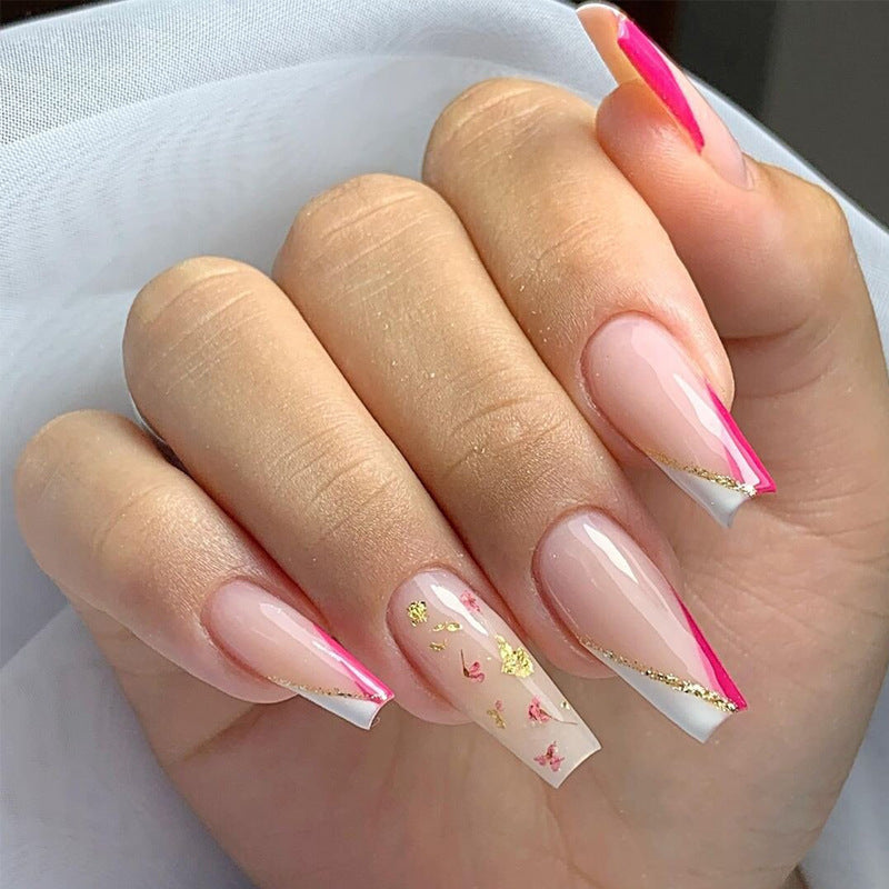 Blossoming Elegance Long Square Pink and White with Gold Accent Charm Press On Nail Set