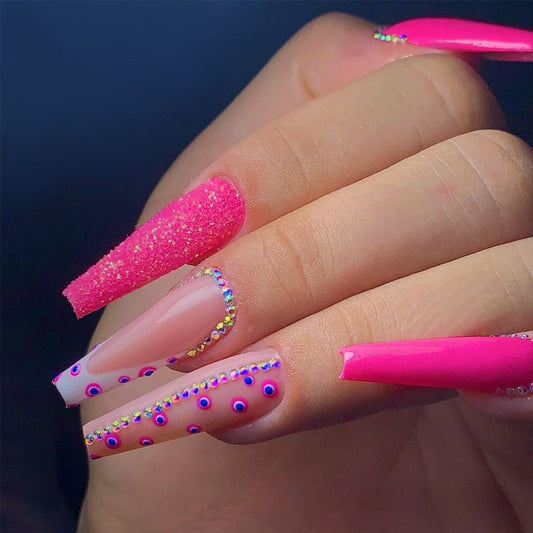 Glamorous Fantasy Extra Long Coffin Pink Glossy and Sparkling Glitter with Rhinestone Accents Press on Nail Set