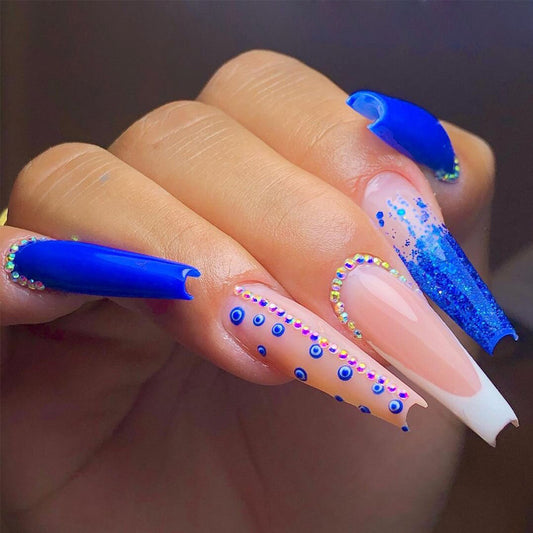 Oceanic Dream Long Coffin Shaped Brilliant Blue Press on Nail Set with Dazzling Gemstone Accents